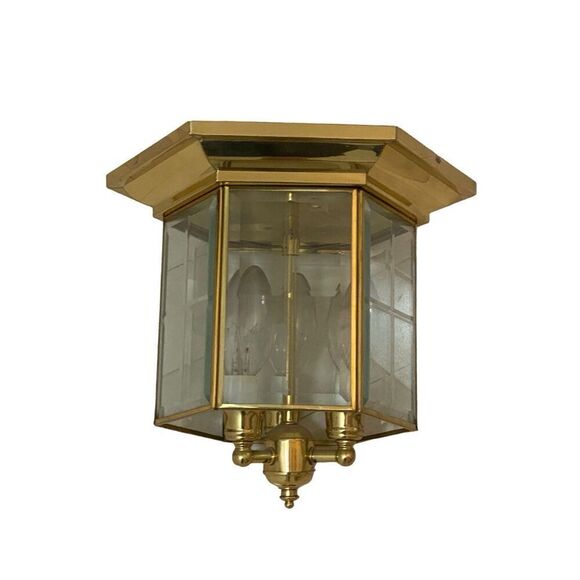 Vintage 3 Light Solid Brass with Clear Beveled Cross-Hatch Glass  Flush Mount Ce - Picture 1 of 7